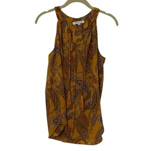 Rose + Olive Mustard Paisley Sleeveless Blouse – Size L, Boho Chic Tassel Front